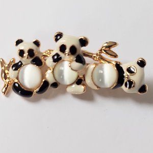 Black White Enamel Triple Panda Brooch In Gold Plating  50mm x 20mm